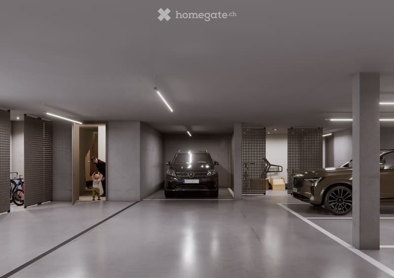 {"type": "Garage", "objects": ["car", "bicycle"], "description": "Modern underground garage with two parked cars, a bicycle, and a child and adult entering through a doorway.", "localized_descriptions": {"EN": "Modern underground garage with two parked ca