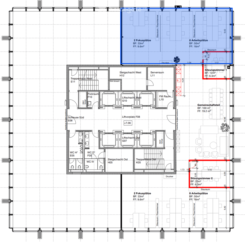 Floor plan with two stairwells, two elevators, two meeting rooms, two foyers, eight offices, a server room, a storage room, and a common area.