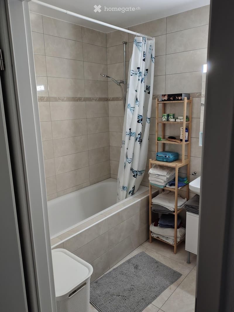 Bathroom with a bathtub, shower curtain, wooden shelf with towels and toiletries, sink, and a small rug on the floor.