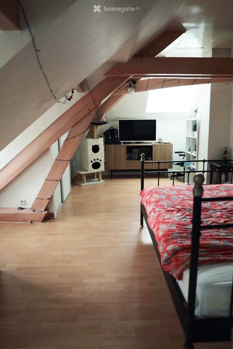 Bright attic bedroom with wooden flooring, slanted ceilings, and ample natural light. Features a bed with a patterned red and white duvet, a cat tree, a TV on a wooden stand, and a chair near the window.