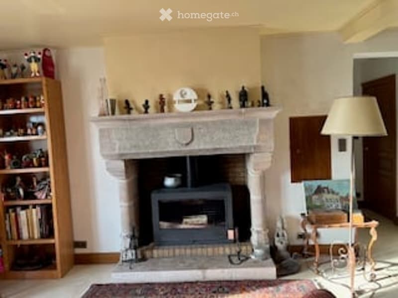 Living room with a stone fireplace, wooden bookshelf, floor lamp, and a small seating area with a chair and table.