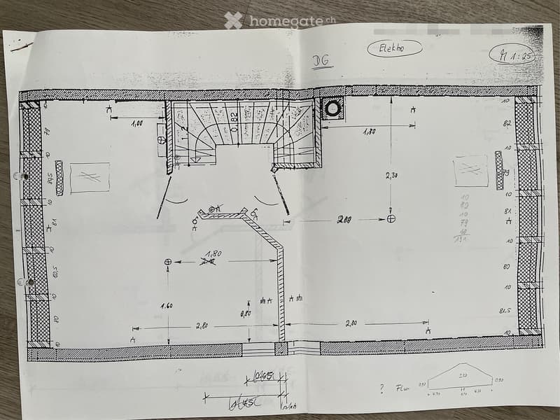 Hand-drawn floor plan of a room with labeled dimensions, showing walls, doors, and a staircase leading to another level.