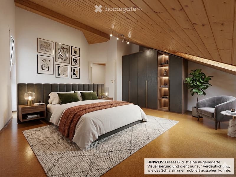 Modern bedroom with a large bed, nightstand, armchair, plant, and built-in wardrobe with shelves. The room features wooden flooring, a slanted wooden ceiling, and several picture frames on the wall.