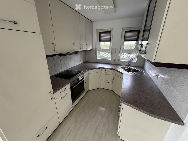 Modern kitchen with light-colored cabinets, a dark countertop, and a built-in oven. The space features a sink with a faucet and is illuminated by natural light from two windows.