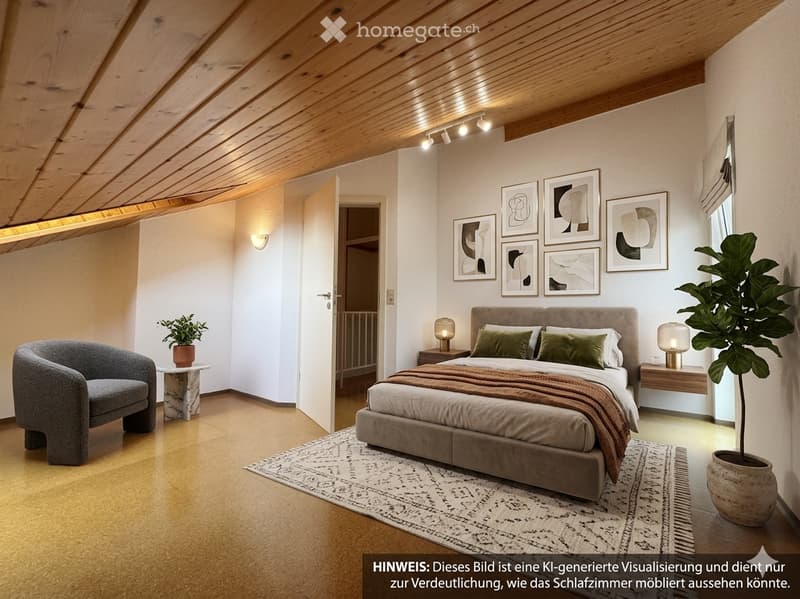 Modern bedroom with a large bed, nightstands, a chair, a small table with a plant, and artwork on the wall. The room features wooden flooring and a slanted wooden ceiling with integrated lighting.