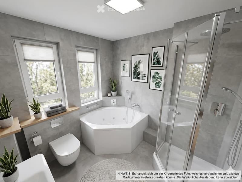 Modern bathroom with grey walls, a corner bathtub, a glass-enclosed shower, a toilet, a sink, and decorative framed pictures. Potted plants and towels are placed on the windowsill.