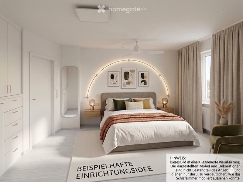 Modern bedroom with a large bed, nightstands, lamps, a green armchair, a mirror, and a curved wall-mounted light fixture. The room features white walls, light-colored bedding, and a sleek design.