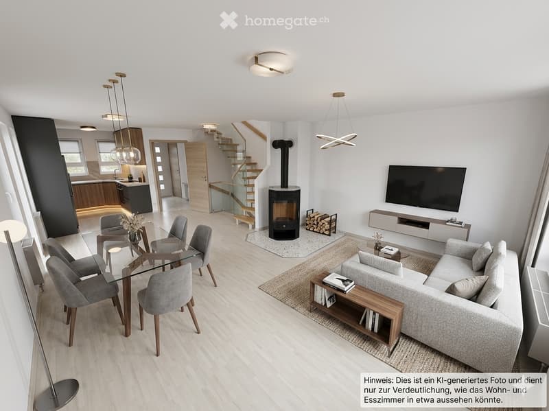Open-plan living and dining area with a grey sectional sofa, coffee table, TV, fireplace, dining table with chairs, and modern lighting.