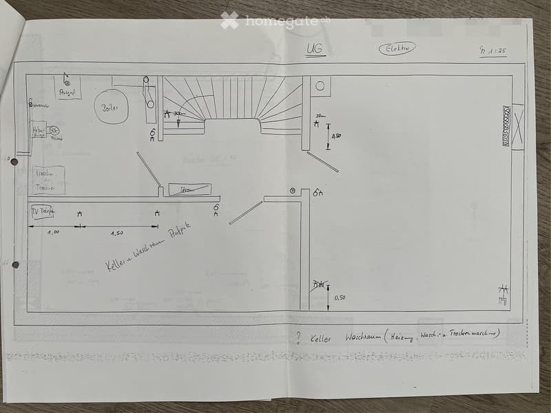 Hand-drawn floor plan of a basement level showing a boiler, heating system, washing area, and utility space.