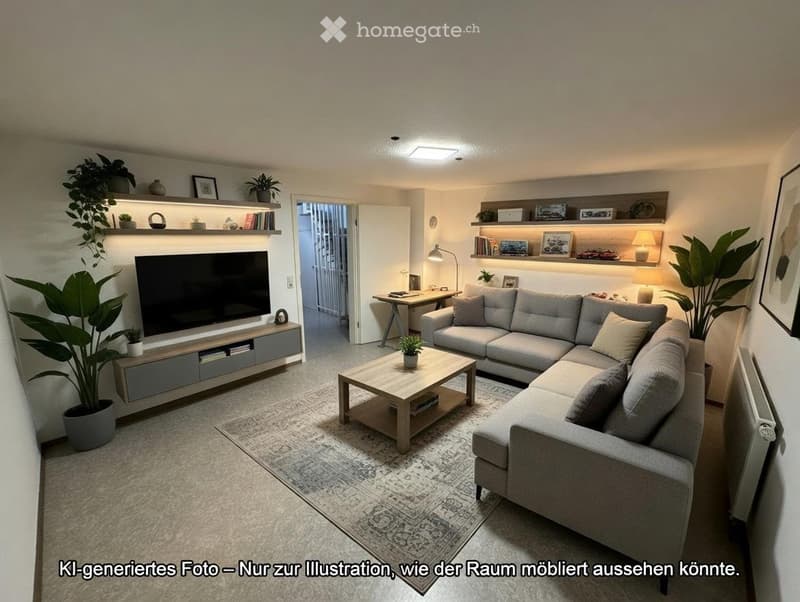 Modern living room with a grey sectional sofa, wooden coffee table, TV stand, floor lamp, shelves with decorative items, and potted plants.