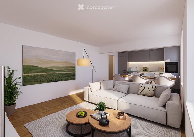 Modern living room with a white sectional sofa, wooden coffee tables, a potted plant, a large picture frame, and a floor lamp. The room is connected to a modern kitchen with white chairs and a dining table.