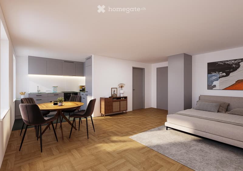 Modern, open-concept room with a bed, dining table, chairs, kitchen area, and decorative items.