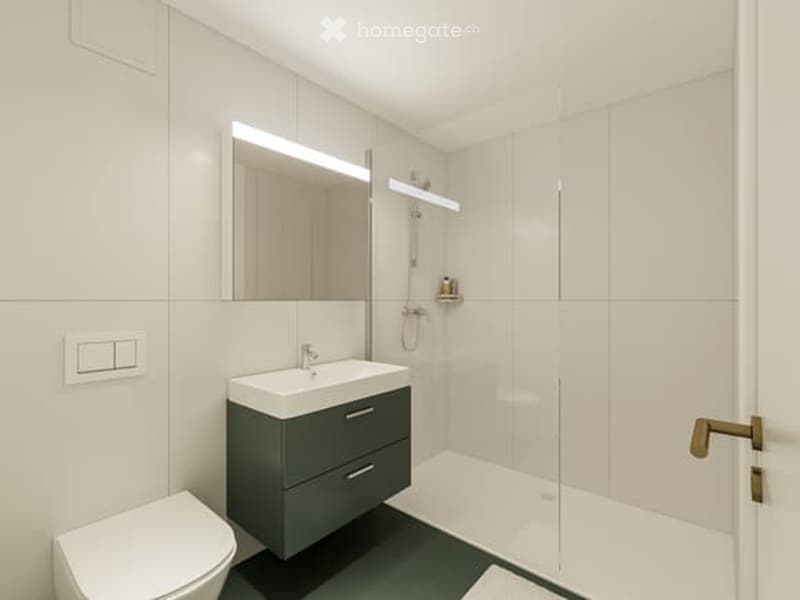 Modern bathroom with a white sink, dark green cabinet, large mirror with LED lighting, and a glass-enclosed shower. The walls are tiled in light gray, and the floor is dark green.