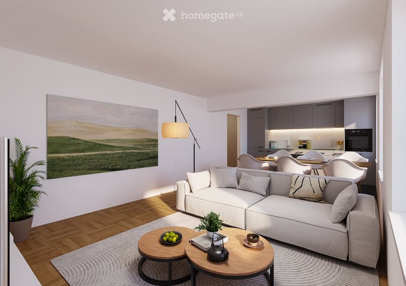 Modern living room with a white sectional sofa, wooden coffee tables, floor lamp, potted plants, and a kitchen area with cabinets and appliances.