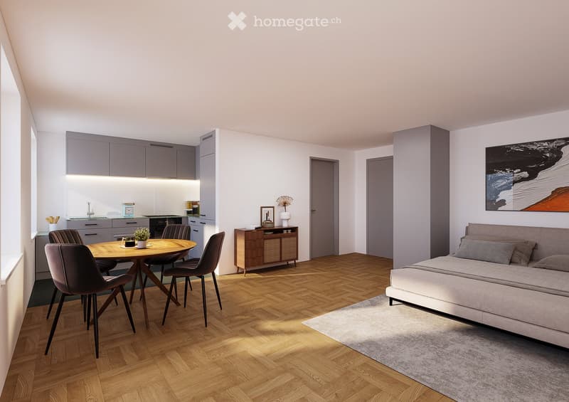 Open-plan living and dining area with a modern bed, dining table, chairs, kitchen cabinetry, and decorative items.