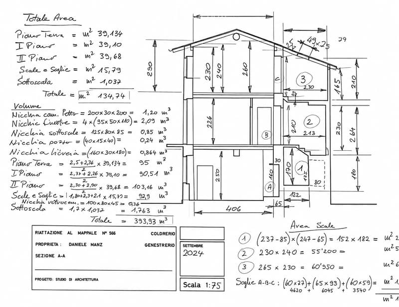 Architectural floor plan showing three levels with labeled dimensions, calculations for total area and volume, and annotations for various rooms and spaces.