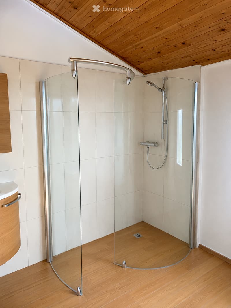 Modern bathroom with a curved glass shower enclosure, wooden flooring, and a sleek showerhead and faucet system.