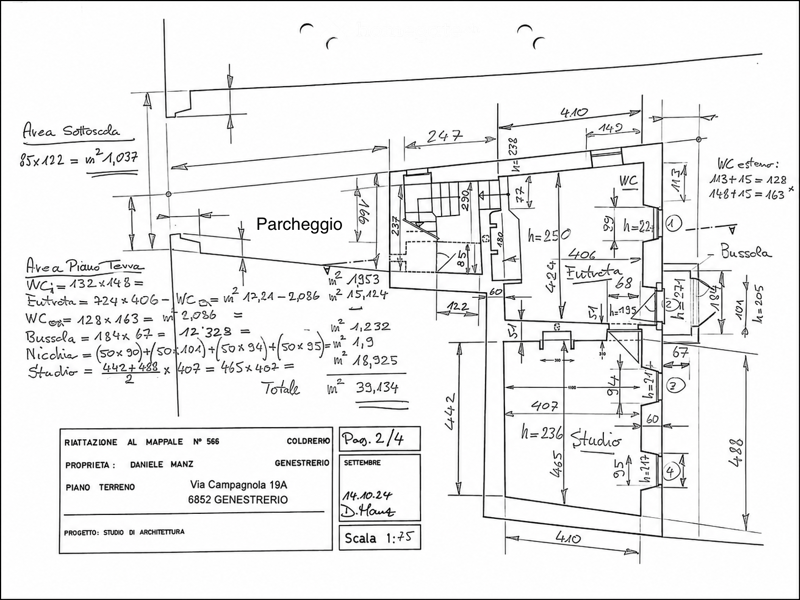 Floor plan of a ground floor showing layout with labeled areas including WC, Futrotta, Bussola, Nicchia, and Studio, with measurements and calculations.