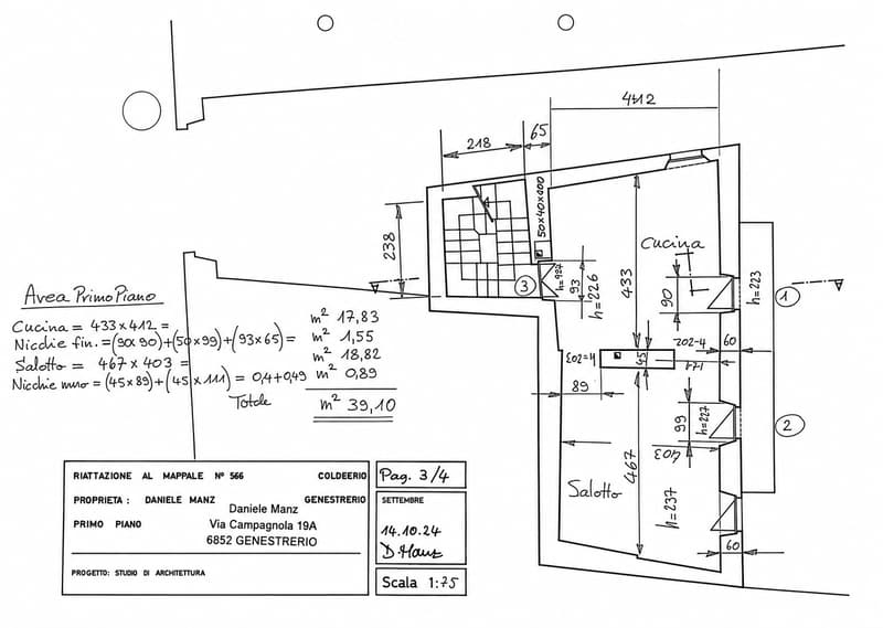 Floor plan of the first floor showing a kitchen, living room, and additional spaces with dimensions and calculations.