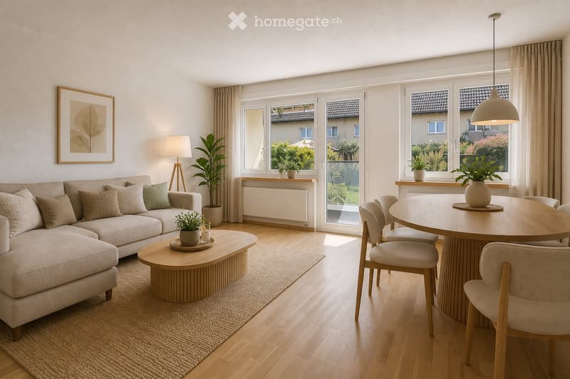 Modern living room with a beige sectional sofa, wooden coffee table, round dining table with chairs, potted plants, and large windows with a view of the garden.