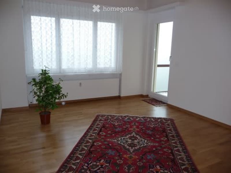 Empty room with wooden flooring, large windows with white curtains, a small potted plant, and a red patterned rug.