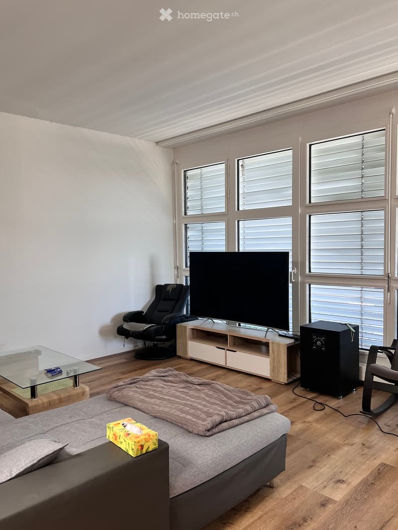 Living room with a couch, glass table, TV, speaker, and a chair