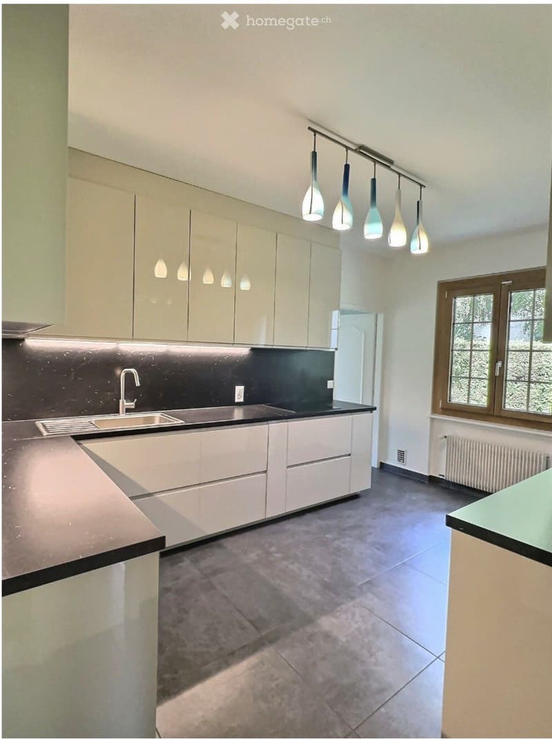 Modern kitchen with light-colored cabinets, a black countertop, a stainless steel sink, and pendant lights hanging from the ceiling.