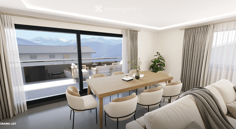 Bright living room with large windows offering a scenic mountain view, furnished with a sofa, coffee table, dining table, chairs, and decorative plants.