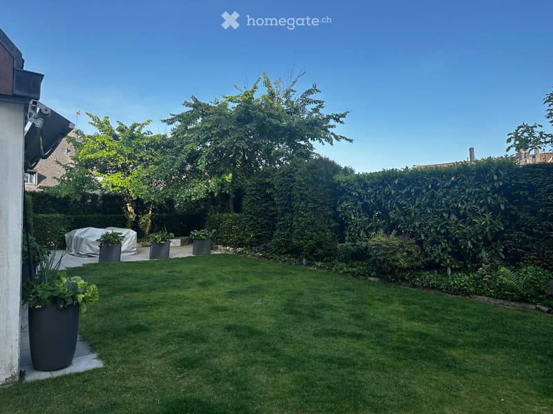 Well-maintained garden with a neatly trimmed lawn, several large potted plants, and a covered outdoor seating area with cushions.