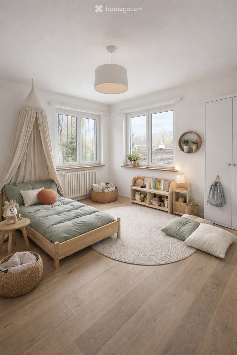 white walls, wooden bed, soft rug, white bedside table, shelves with books and toys, plants, lamp, wooden wardrobe, two windows