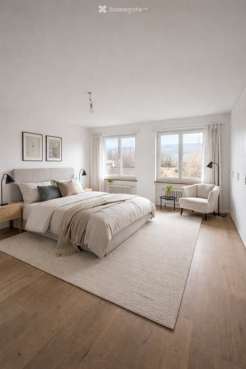 bedroom with white walls, wooden floor, king size bed, armchair, white curtains, two nightstands with lamps, radiator, table with plant