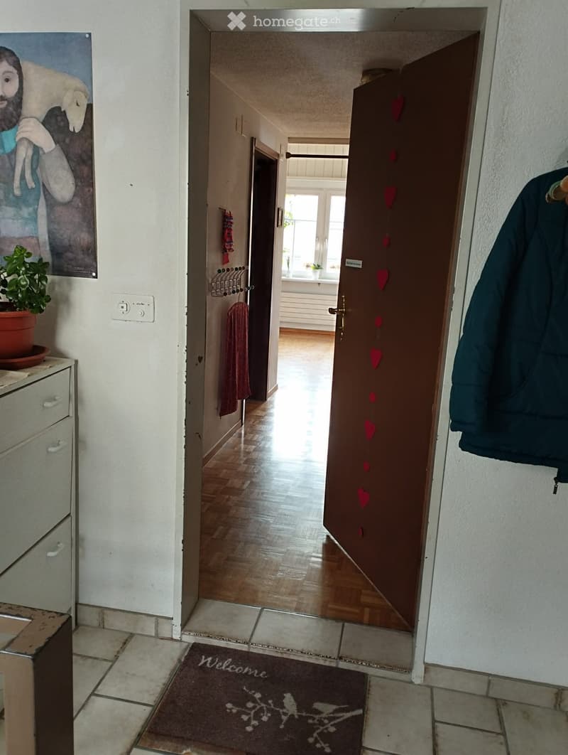 Hallway with wooden flooring, a welcome mat, a coat hanging on the right, a small plant on a cabinet, and a painting on the wall.