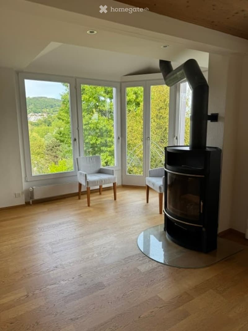 Bright living room with large windows offering a scenic view, a modern fireplace, and comfortable seating.