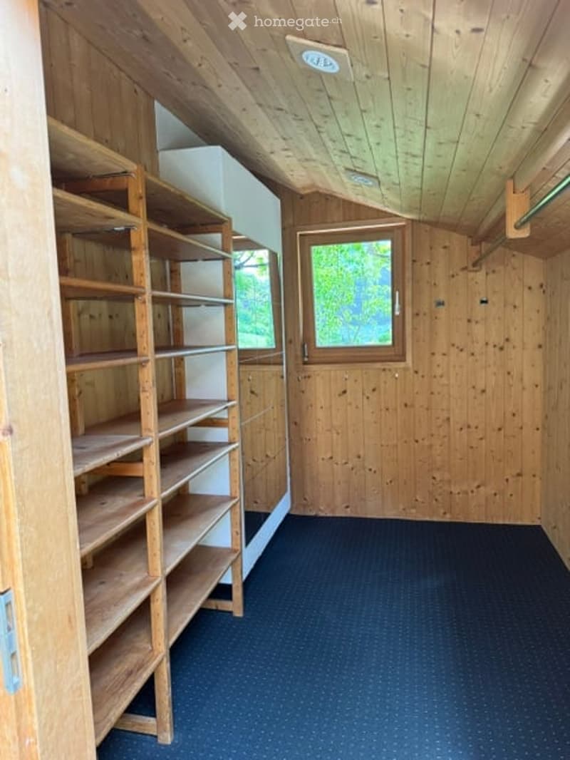Empty wooden room with built-in shelving, a window, and a door. The room features a blue carpeted floor and exposed wooden beams on the ceiling.