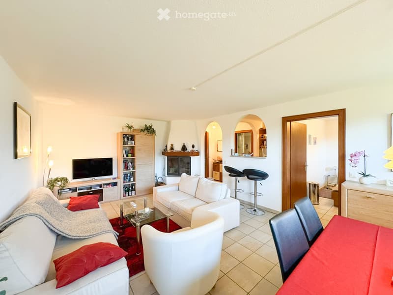 white couch, red rug, coffee table, tv, bookcase, fireplace, bar stools