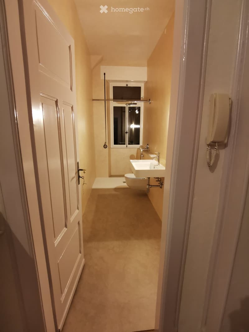 A small, well-lit bathroom with beige walls, a white sink, a toilet, a showerhead, and a mirror above the sink. The floor is carpeted in a light beige color.