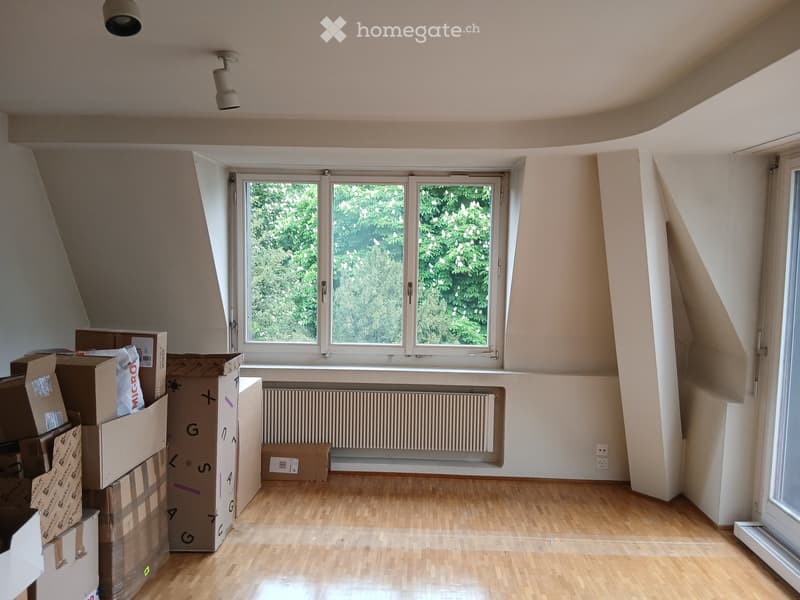 Empty room with wooden flooring, large window with three panes, radiator, and several cardboard boxes stacked near the window.