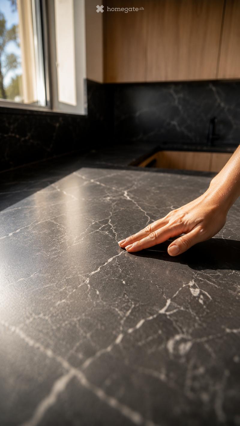 Close-up of a dark marble countertop with a hand resting on it, showcasing the polished surface and natural veining of the stone.