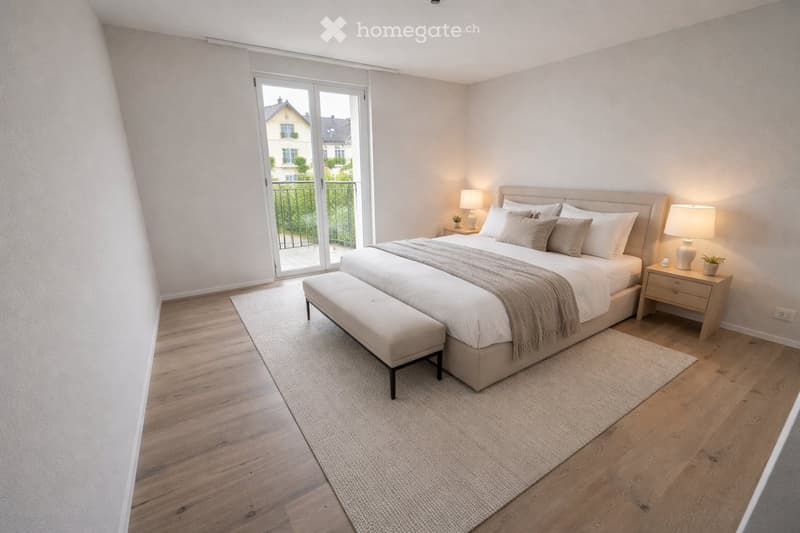 modern bedroom with a large bed, a bench, a rug, and a balcony with a view
