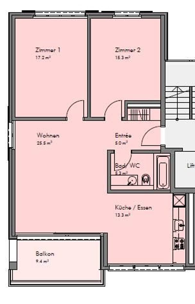 2 bedrooms, living room, kitchen, bathroom, entrance, balcony