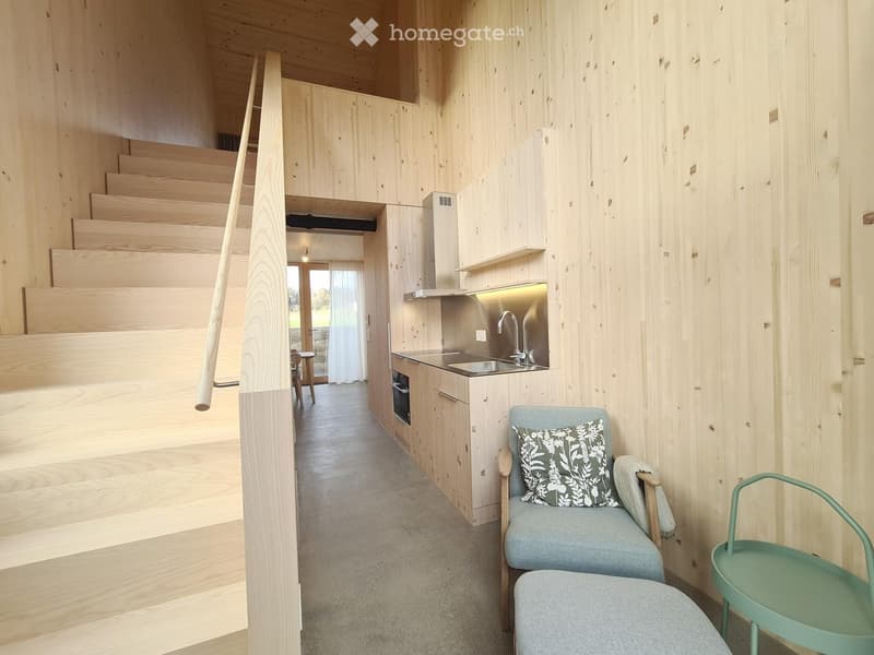 House interior with wooden walls, staircase, small kitchen with sink and stove, dining area, and a wooden chair with a pillow.