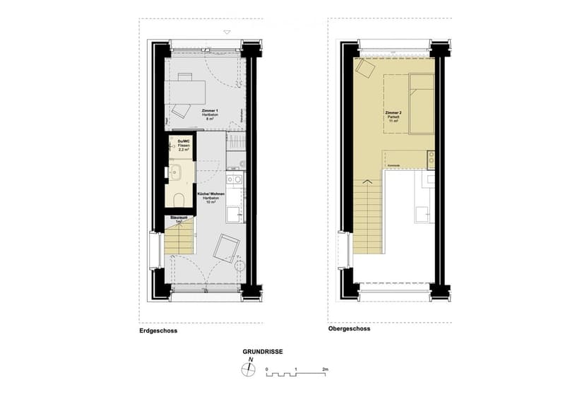 Ground floor has entrance, living room, kitchen, bathroom, 1 bedroom, balcony. Upper floor has 1 bedroom, bathroom, storage.