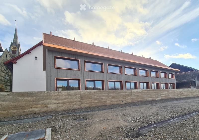 newly built building, white and gray wall, brown roof, large windows, unfinished road in front