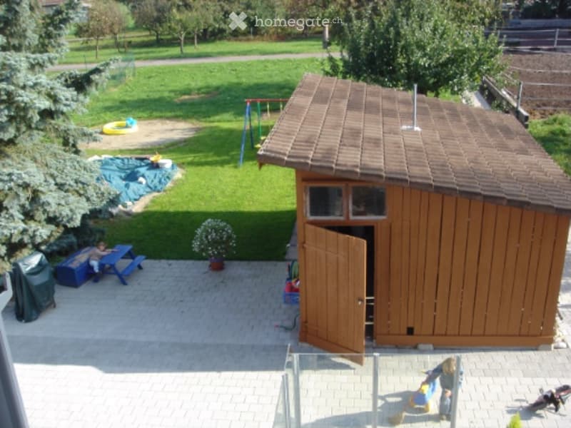 Garden / Outdoor Area. Backyard with a wooden shed, picnic table, children's play area, and small garden bed.