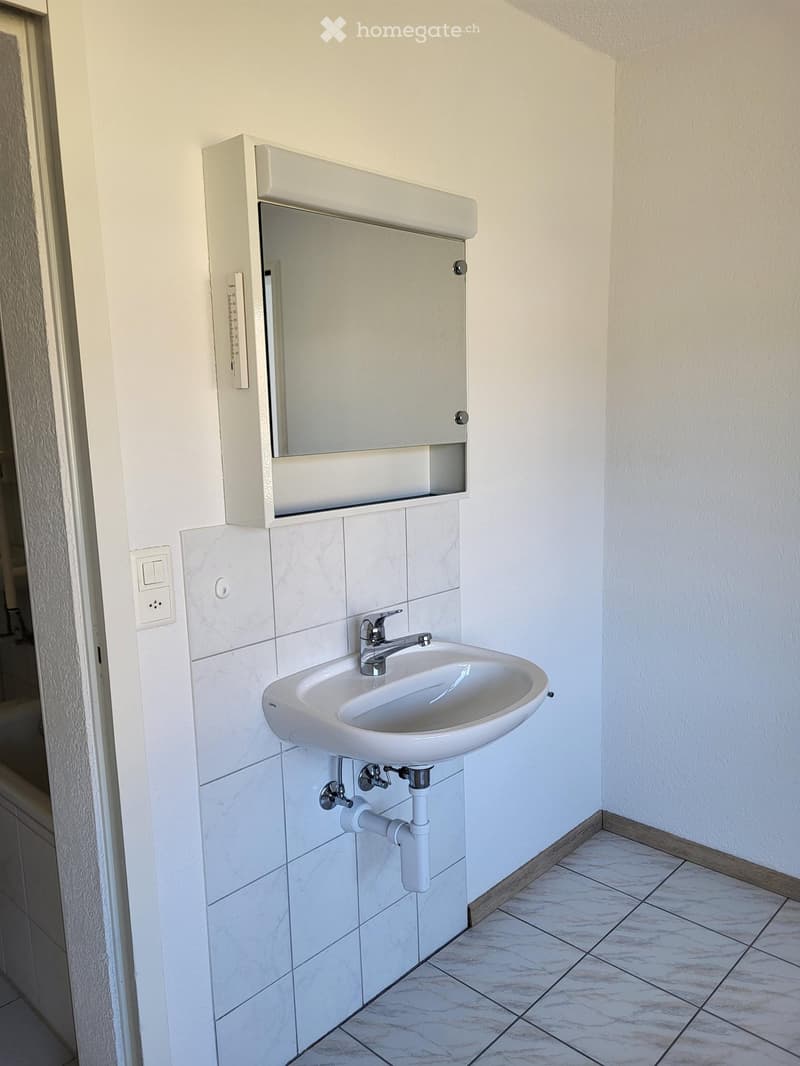 Modern bathroom with a white sink, chrome faucet, medicine cabinet with mirror, and marble tiles.