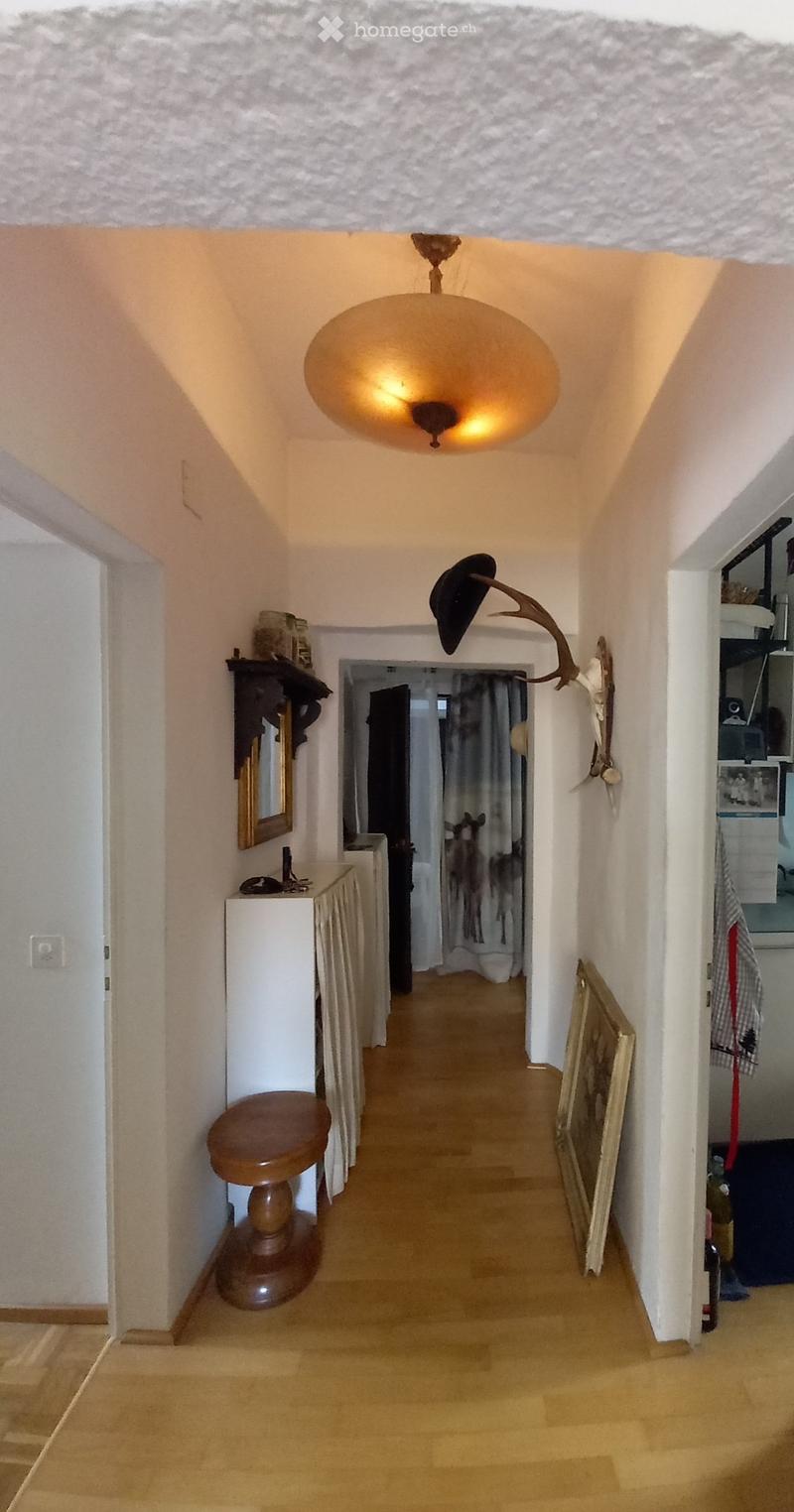 A narrow hallway with wooden flooring, white walls, and a hanging light fixture. There is a small wooden stool, a mirror, and a decorative wall-mounted antler lamp visible.