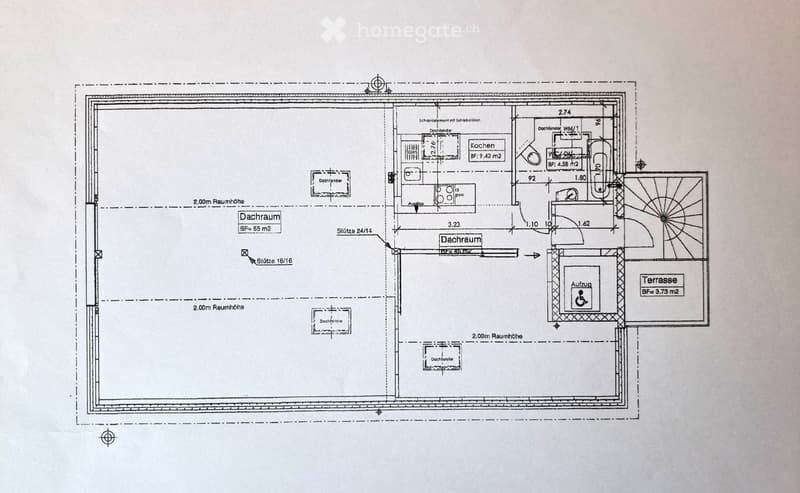 Floor plan showing a kitchen, two attic spaces, an elevator shaft, and a terrace.