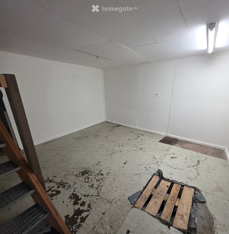 Empty room with white walls, concrete floor, and a wooden staircase leading upwards. No furniture or equipment present.