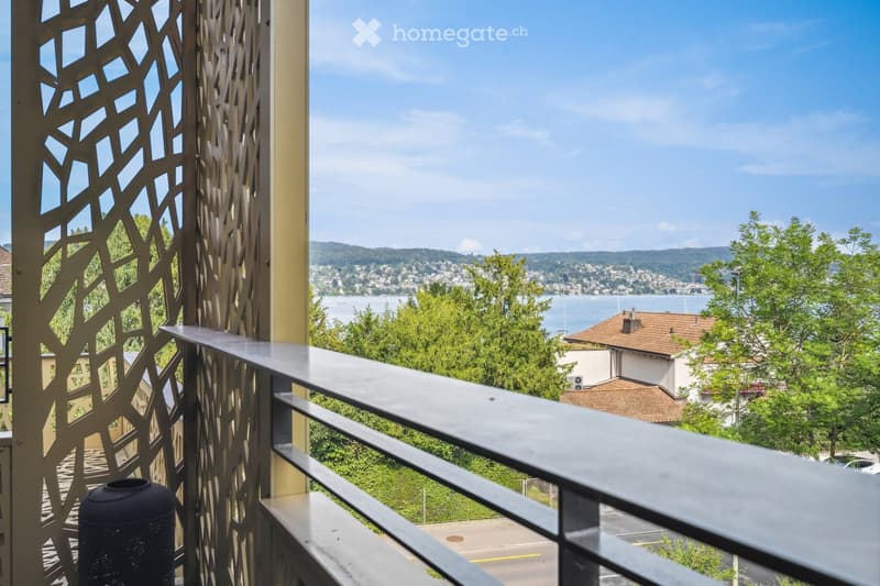 Balcony / Terrace. Balcony with metal railing and decorative screen, overlooking a scenic view of a city, water, and hills.