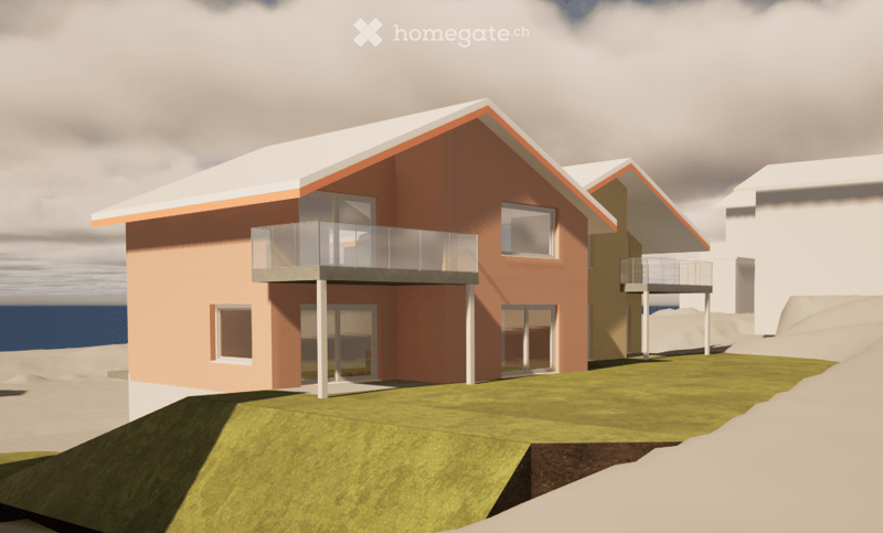 A two-story house with a red exterior, white trim, and a balcony on the upper level. The house is situated on a raised ground floor with a grassy area in front.